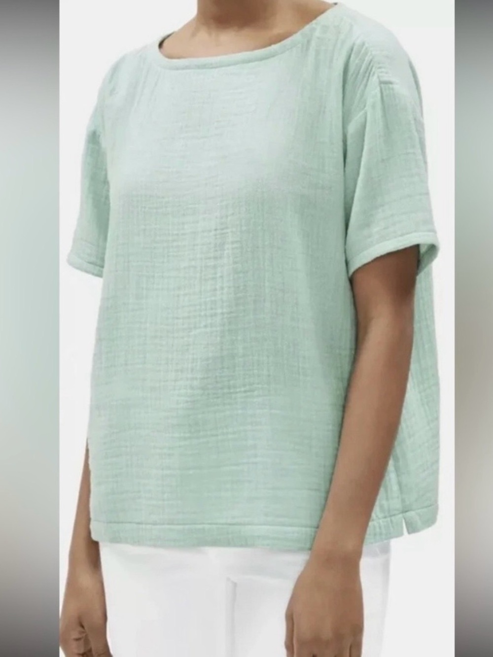 Eileen Fisher Calypso Green Short-Sleeve Organic Cotton Gauze box-Top S/P